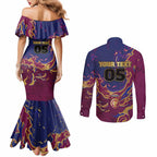 Custom Brisbane Maroon Couples Matching Mermaid Dress and Long Sleeve Button Shirt Lions Blazing Fire