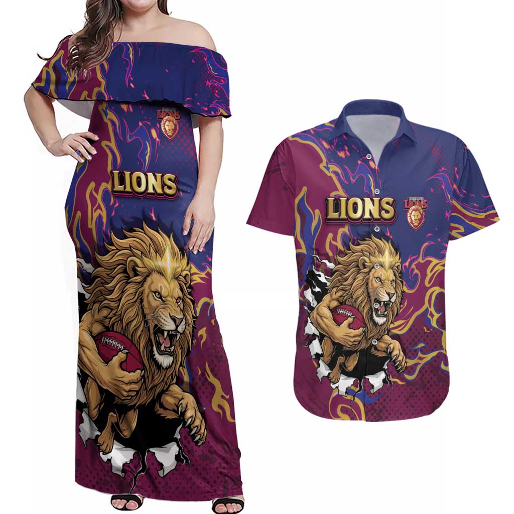Custom Brisbane Maroon Couples Matching Off Shoulder Maxi Dress and Hawaiian Shirt Lions Blazing Fire
