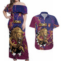 Custom Brisbane Maroon Couples Matching Off Shoulder Maxi Dress and Hawaiian Shirt Lions Blazing Fire