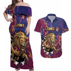 Custom Brisbane Maroon Couples Matching Off Shoulder Maxi Dress and Hawaiian Shirt Lions Blazing Fire