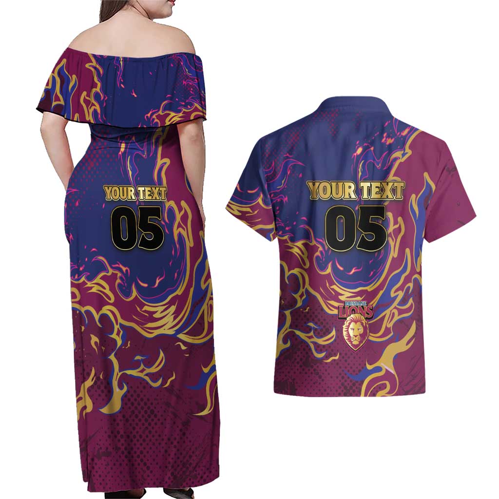 Custom Brisbane Maroon Couples Matching Off Shoulder Maxi Dress and Hawaiian Shirt Lions Blazing Fire