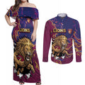 Custom Brisbane Maroon Couples Matching Off Shoulder Maxi Dress and Long Sleeve Button Shirt Lions Blazing Fire
