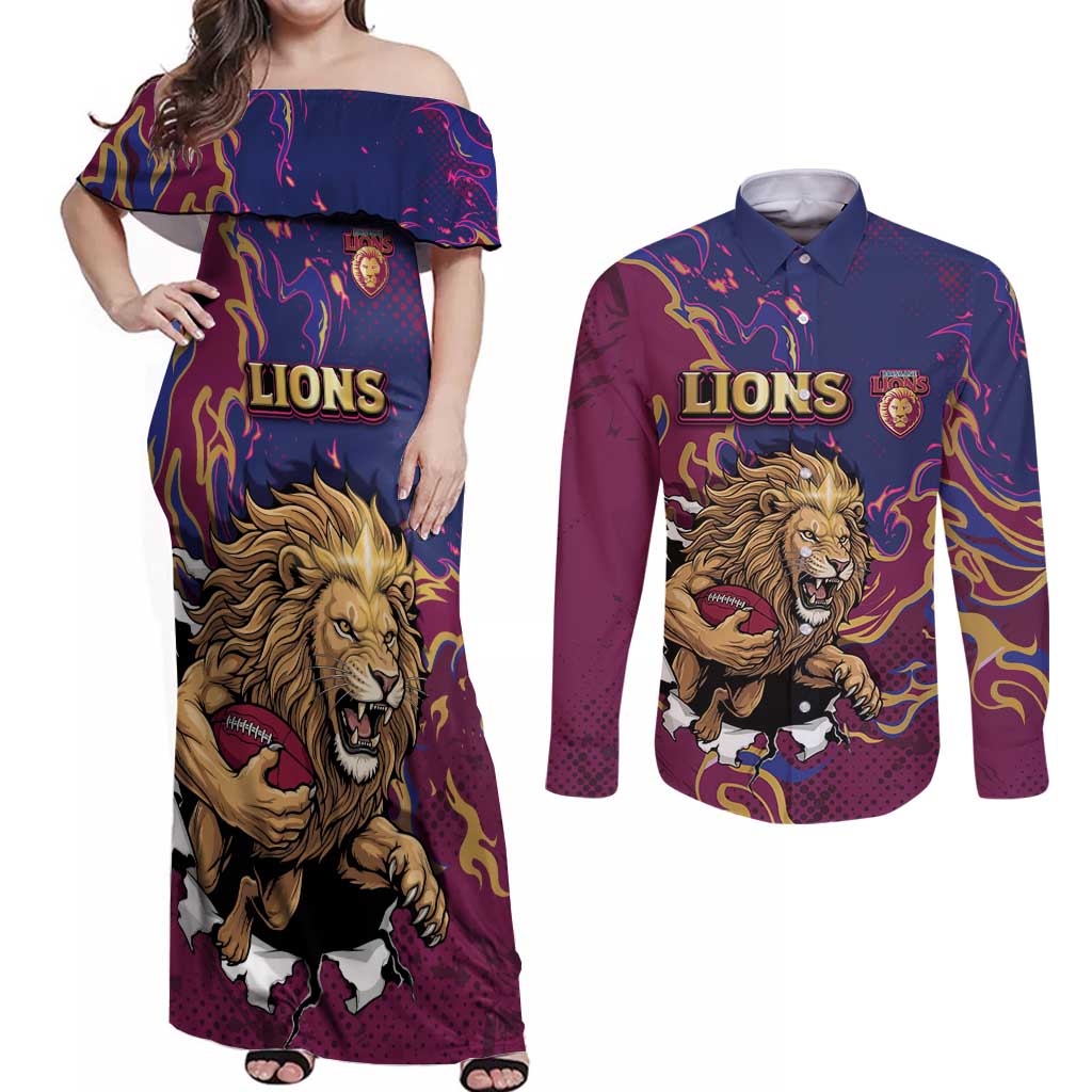 Custom Brisbane Maroon Couples Matching Off Shoulder Maxi Dress and Long Sleeve Button Shirt Lions Blazing Fire