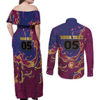 Custom Brisbane Maroon Couples Matching Off Shoulder Maxi Dress and Long Sleeve Button Shirt Lions Blazing Fire