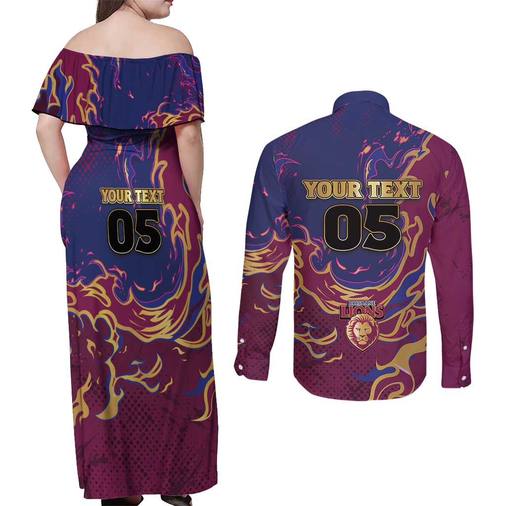Custom Brisbane Maroon Couples Matching Off Shoulder Maxi Dress and Long Sleeve Button Shirt Lions Blazing Fire
