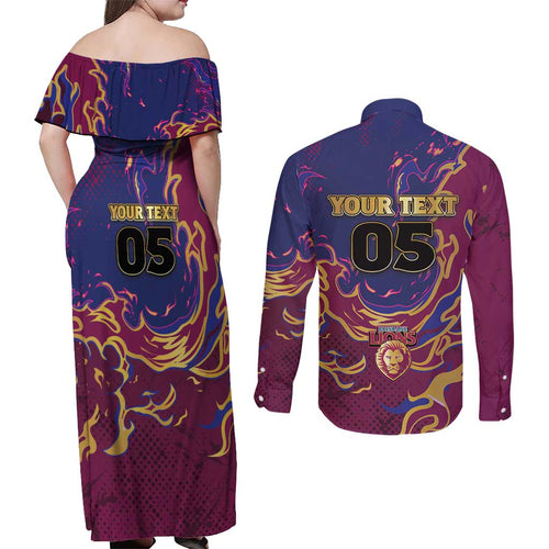 Custom Brisbane Maroon Couples Matching Off Shoulder Maxi Dress and Long Sleeve Button Shirt Lions Blazing Fire