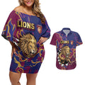 Custom Brisbane Maroon Couples Matching Off Shoulder Short Dress and Hawaiian Shirt Lions Blazing Fire