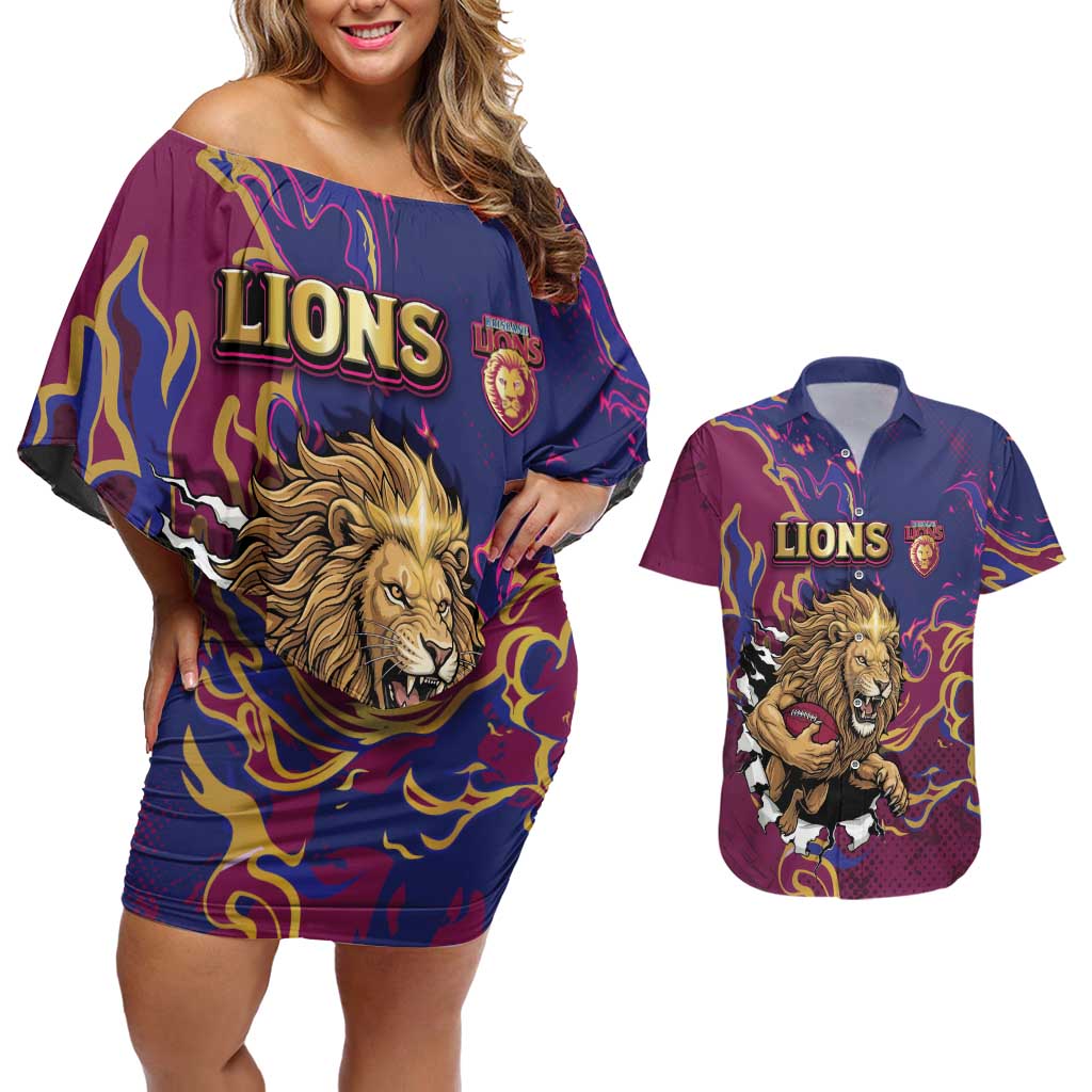 Custom Brisbane Maroon Couples Matching Off Shoulder Short Dress and Hawaiian Shirt Lions Blazing Fire
