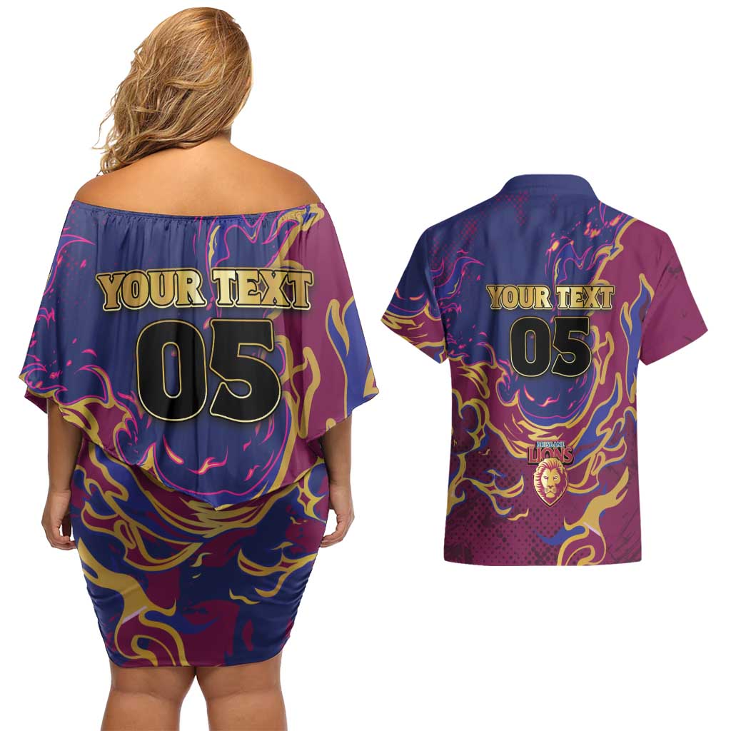 Custom Brisbane Maroon Couples Matching Off Shoulder Short Dress and Hawaiian Shirt Lions Blazing Fire