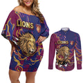 Custom Brisbane Maroon Couples Matching Off Shoulder Short Dress and Long Sleeve Button Shirt Lions Blazing Fire