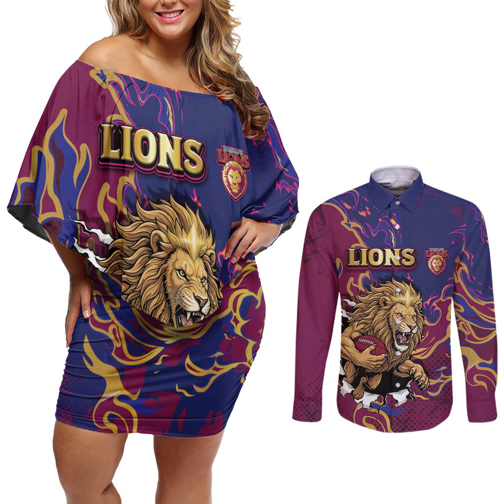 Custom Brisbane Maroon Couples Matching Off Shoulder Short Dress and Long Sleeve Button Shirt Lions Blazing Fire