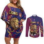 Custom Brisbane Maroon Couples Matching Off Shoulder Short Dress and Long Sleeve Button Shirt Lions Blazing Fire