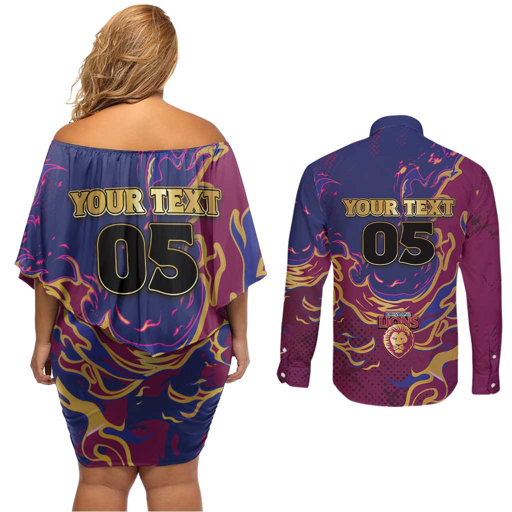 Custom Brisbane Maroon Couples Matching Off Shoulder Short Dress and Long Sleeve Button Shirt Lions Blazing Fire