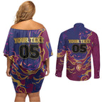 Custom Brisbane Maroon Couples Matching Off Shoulder Short Dress and Long Sleeve Button Shirt Lions Blazing Fire