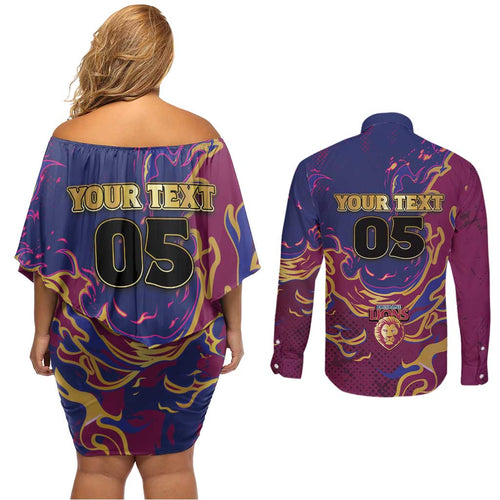Custom Brisbane Maroon Couples Matching Off Shoulder Short Dress and Long Sleeve Button Shirt Lions Blazing Fire