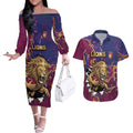 Custom Brisbane Maroon Couples Matching Off The Shoulder Long Sleeve Dress and Hawaiian Shirt Lions Blazing Fire