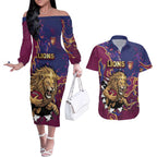 Custom Brisbane Maroon Couples Matching Off The Shoulder Long Sleeve Dress and Hawaiian Shirt Lions Blazing Fire