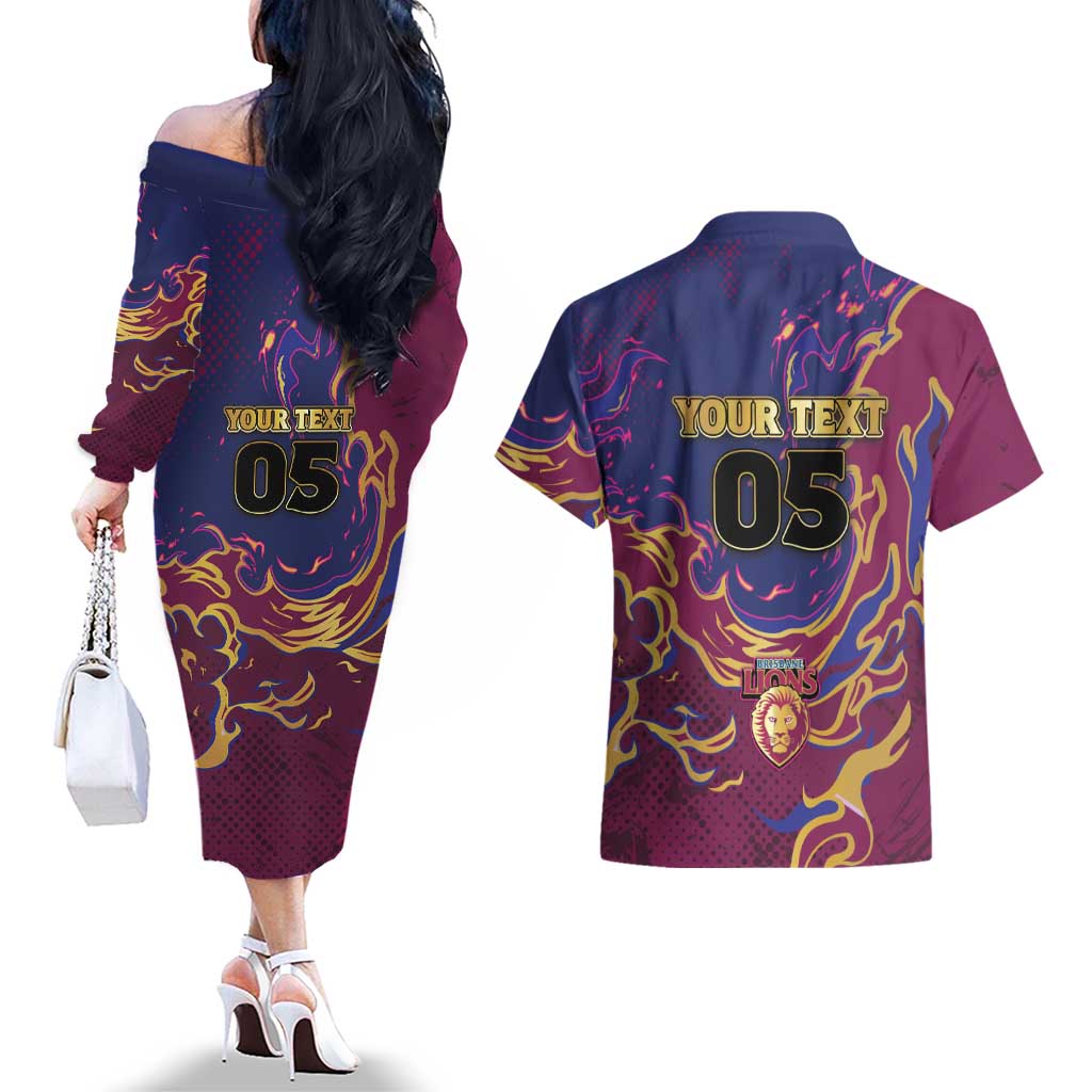 Custom Brisbane Maroon Couples Matching Off The Shoulder Long Sleeve Dress and Hawaiian Shirt Lions Blazing Fire