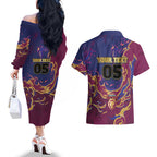 Custom Brisbane Maroon Couples Matching Off The Shoulder Long Sleeve Dress and Hawaiian Shirt Lions Blazing Fire