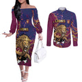 Custom Brisbane Maroon Couples Matching Off The Shoulder Long Sleeve Dress and Long Sleeve Button Shirt Lions Blazing Fire