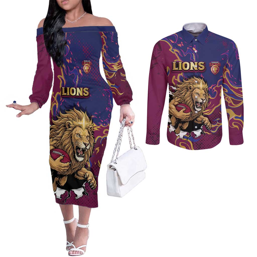 Custom Brisbane Maroon Couples Matching Off The Shoulder Long Sleeve Dress and Long Sleeve Button Shirt Lions Blazing Fire