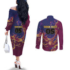 Custom Brisbane Maroon Couples Matching Off The Shoulder Long Sleeve Dress and Long Sleeve Button Shirt Lions Blazing Fire