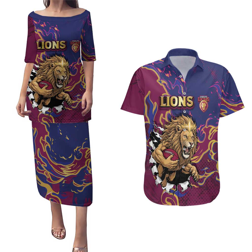 Custom Brisbane Maroon Couples Matching Puletasi and Hawaiian Shirt Lions Blazing Fire