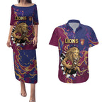 Custom Brisbane Maroon Couples Matching Puletasi and Hawaiian Shirt Lions Blazing Fire