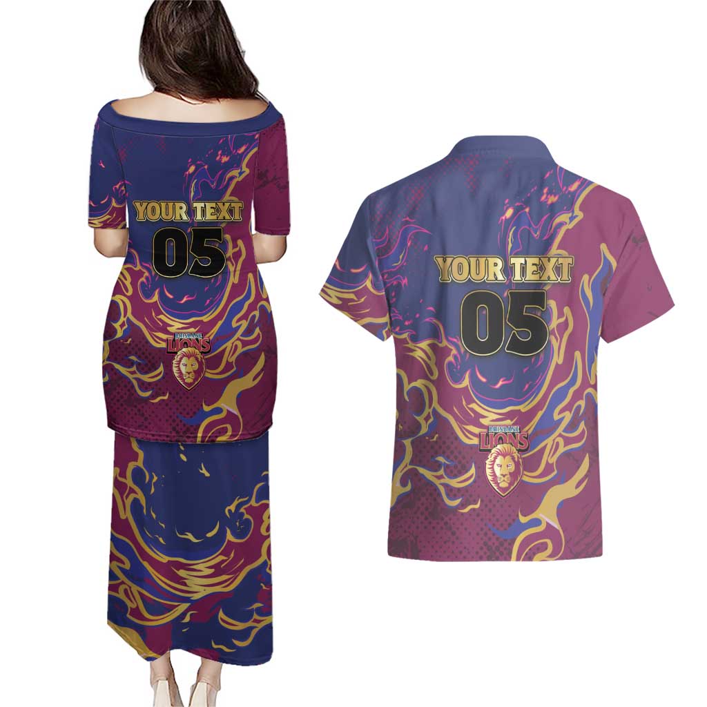 Custom Brisbane Maroon Couples Matching Puletasi and Hawaiian Shirt Lions Blazing Fire