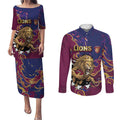 Custom Brisbane Maroon Couples Matching Puletasi and Long Sleeve Button Shirt Lions Blazing Fire