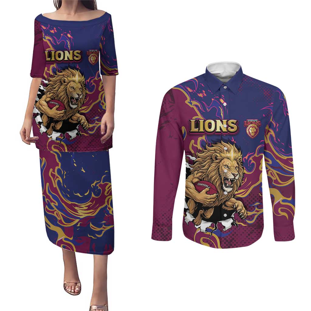 Custom Brisbane Maroon Couples Matching Puletasi and Long Sleeve Button Shirt Lions Blazing Fire