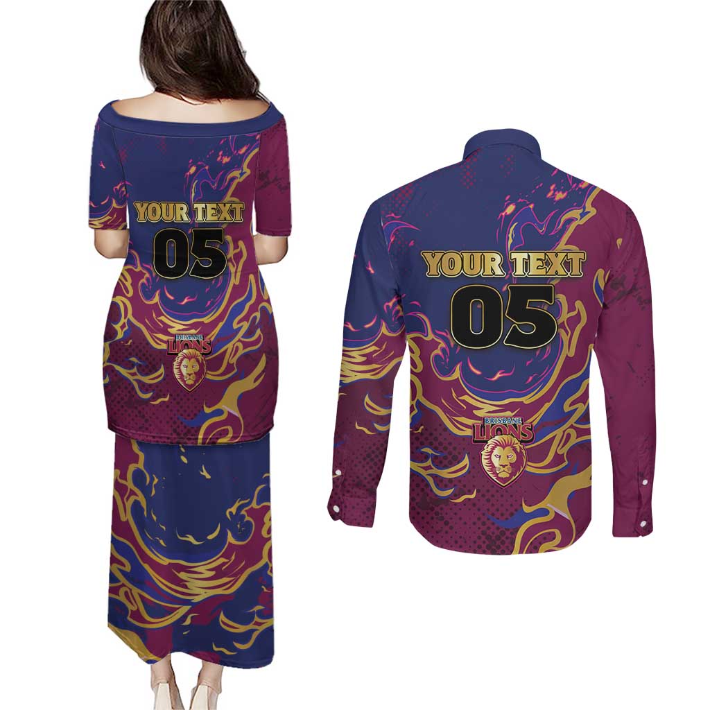 Custom Brisbane Maroon Couples Matching Puletasi and Long Sleeve Button Shirt Lions Blazing Fire