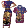 Custom Brisbane Maroon Couples Matching Short Sleeve Bodycon Dress and Hawaiian Shirt Lions Blazing Fire