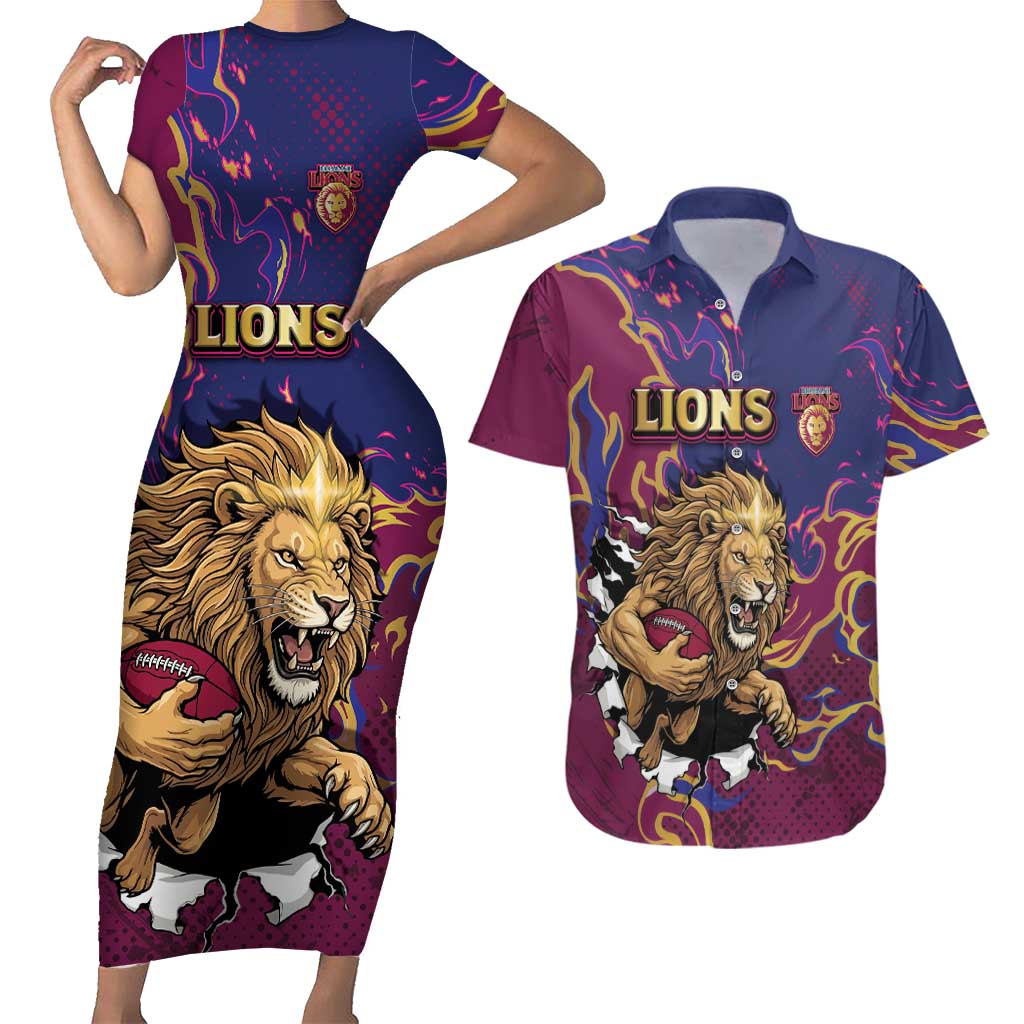 Custom Brisbane Maroon Couples Matching Short Sleeve Bodycon Dress and Hawaiian Shirt Lions Blazing Fire