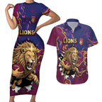 Custom Brisbane Maroon Couples Matching Short Sleeve Bodycon Dress and Hawaiian Shirt Lions Blazing Fire