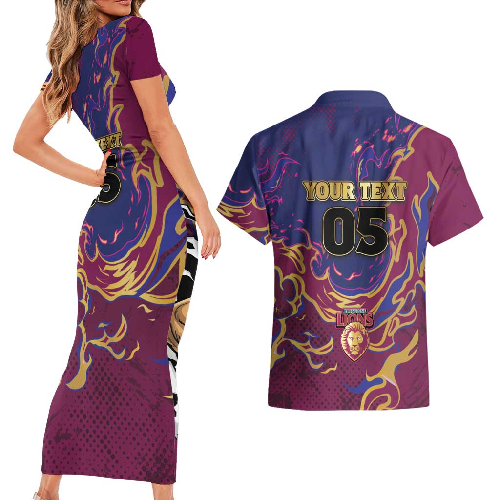 Custom Brisbane Maroon Couples Matching Short Sleeve Bodycon Dress and Hawaiian Shirt Lions Blazing Fire