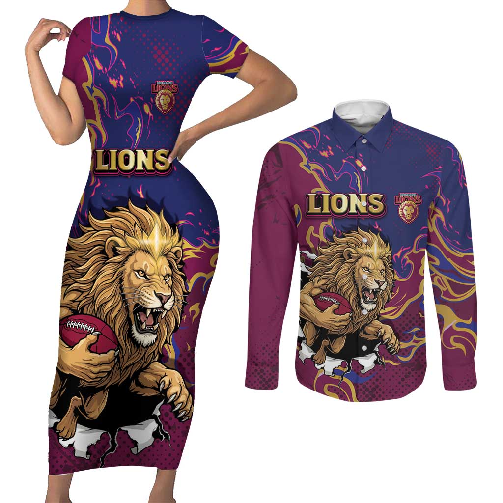 Custom Brisbane Maroon Couples Matching Short Sleeve Bodycon Dress and Long Sleeve Button Shirt Lions Blazing Fire