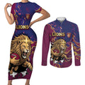 Custom Brisbane Maroon Couples Matching Short Sleeve Bodycon Dress and Long Sleeve Button Shirt Lions Blazing Fire
