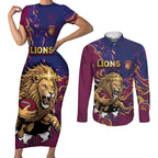 Custom Brisbane Maroon Couples Matching Short Sleeve Bodycon Dress and Long Sleeve Button Shirt Lions Blazing Fire