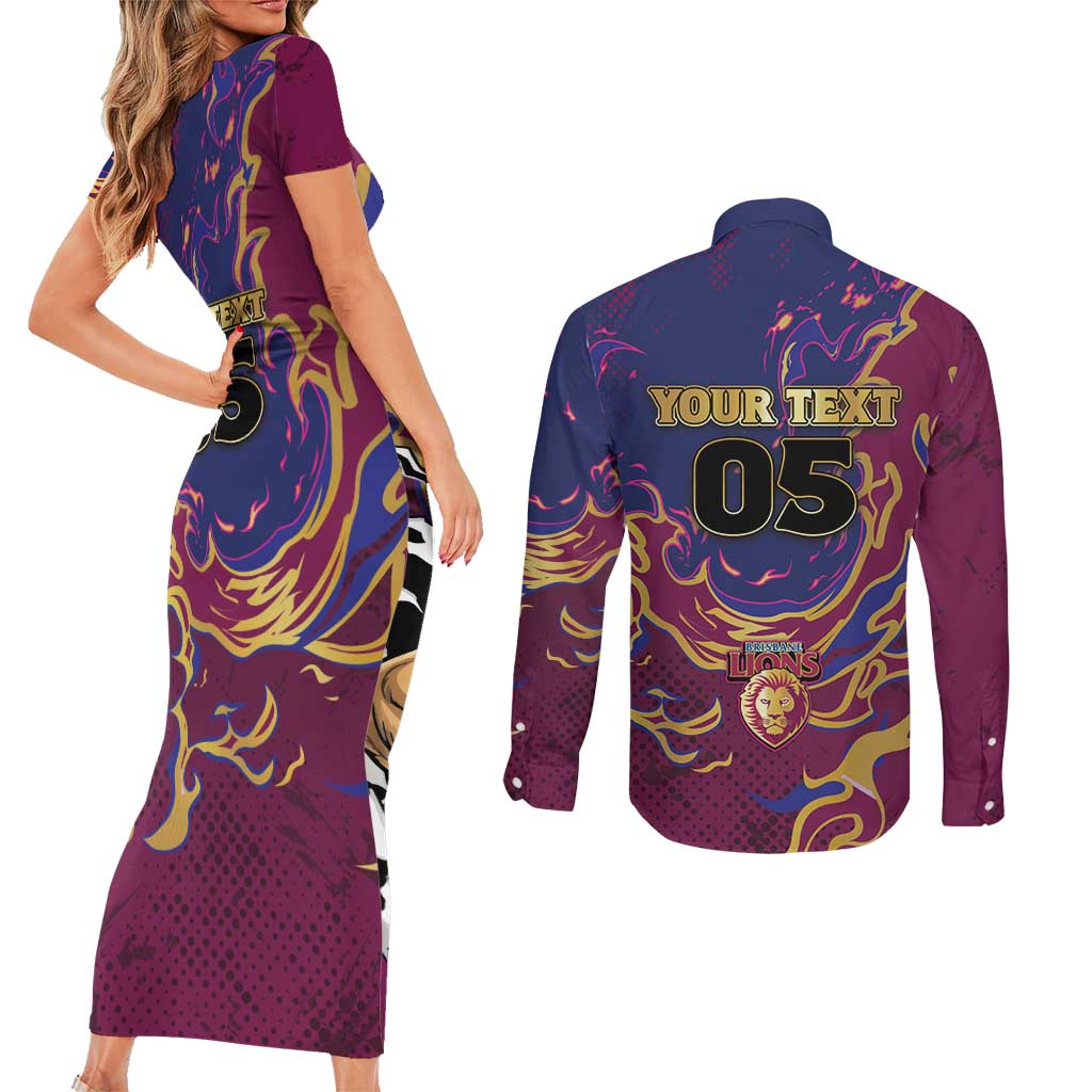 Custom Brisbane Maroon Couples Matching Short Sleeve Bodycon Dress and Long Sleeve Button Shirt Lions Blazing Fire
