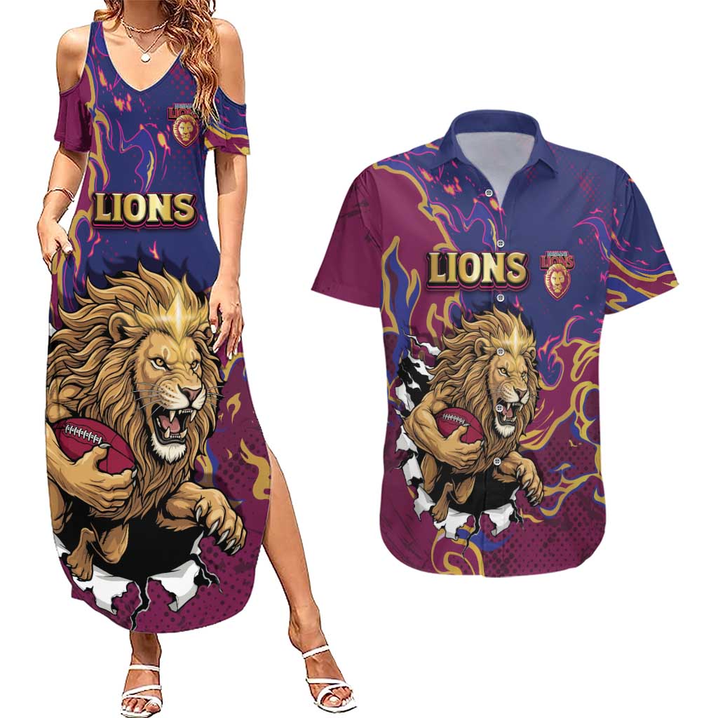 Custom Brisbane Maroon Couples Matching Summer Maxi Dress and Hawaiian Shirt Lions Blazing Fire