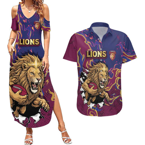 Custom Brisbane Maroon Couples Matching Summer Maxi Dress and Hawaiian Shirt Lions Blazing Fire