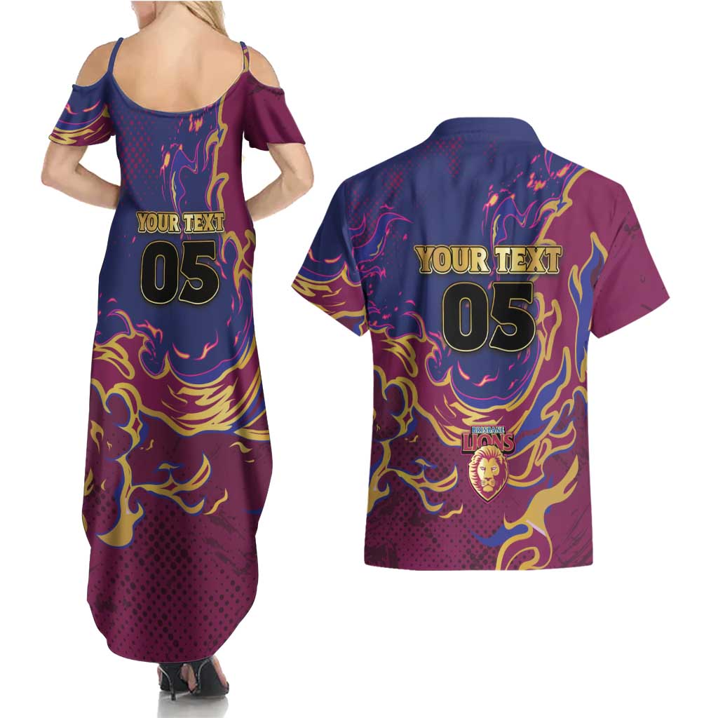Custom Brisbane Maroon Couples Matching Summer Maxi Dress and Hawaiian Shirt Lions Blazing Fire