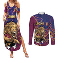 Custom Brisbane Maroon Couples Matching Summer Maxi Dress and Long Sleeve Button Shirt Lions Blazing Fire