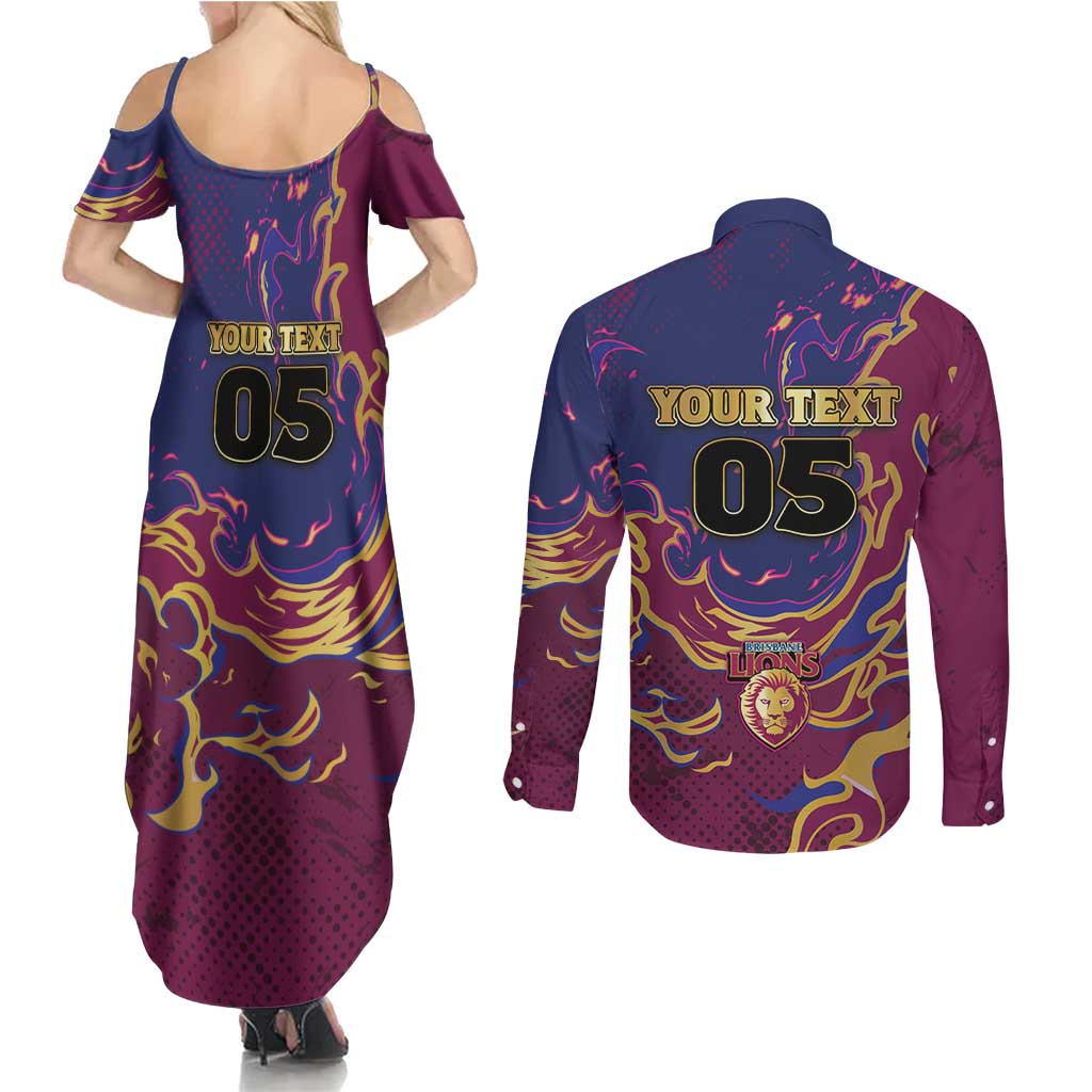 Custom Brisbane Maroon Couples Matching Summer Maxi Dress and Long Sleeve Button Shirt Lions Blazing Fire