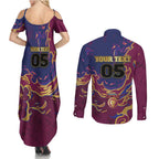 Custom Brisbane Maroon Couples Matching Summer Maxi Dress and Long Sleeve Button Shirt Lions Blazing Fire