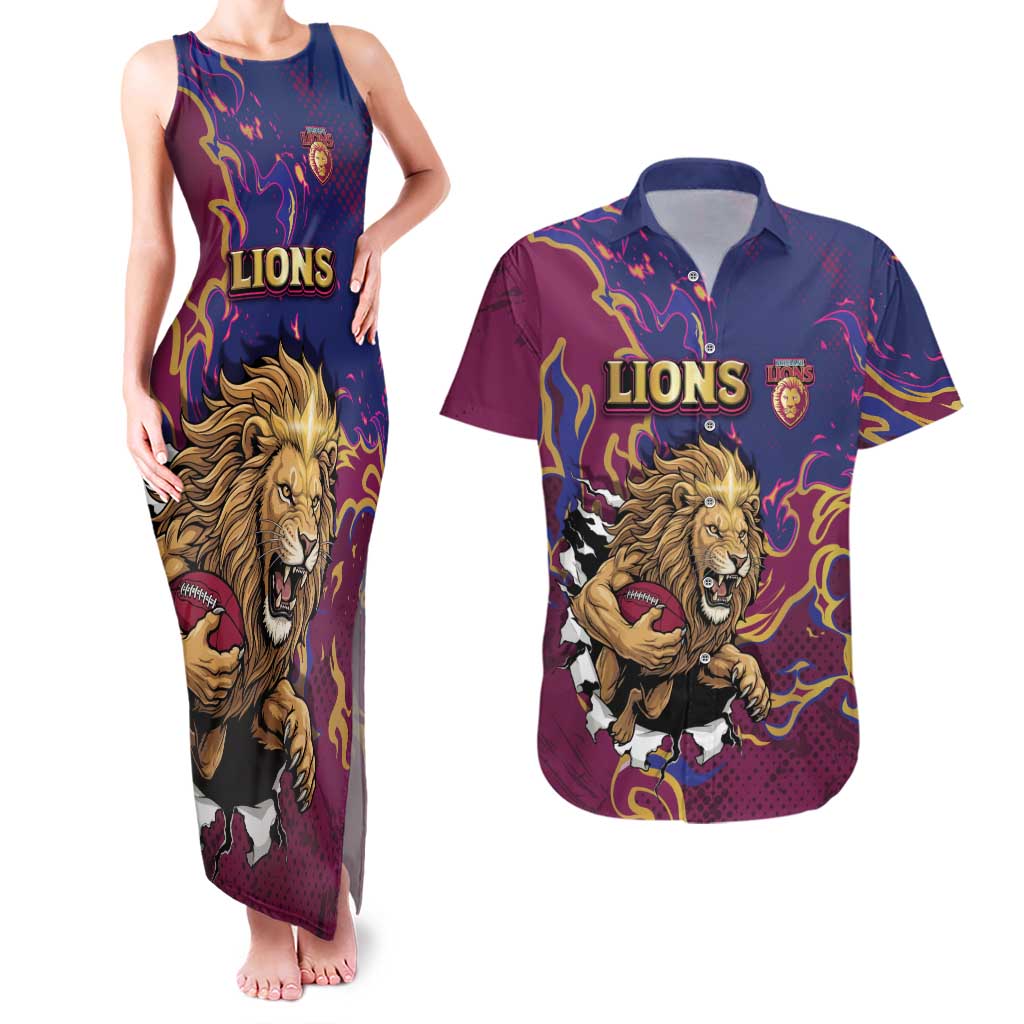 Custom Brisbane Maroon Couples Matching Tank Maxi Dress and Hawaiian Shirt Lions Blazing Fire