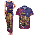 Custom Brisbane Maroon Couples Matching Tank Maxi Dress and Hawaiian Shirt Lions Blazing Fire