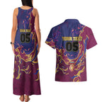 Custom Brisbane Maroon Couples Matching Tank Maxi Dress and Hawaiian Shirt Lions Blazing Fire