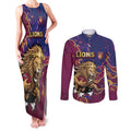 Custom Brisbane Maroon Couples Matching Tank Maxi Dress and Long Sleeve Button Shirt Lions Blazing Fire